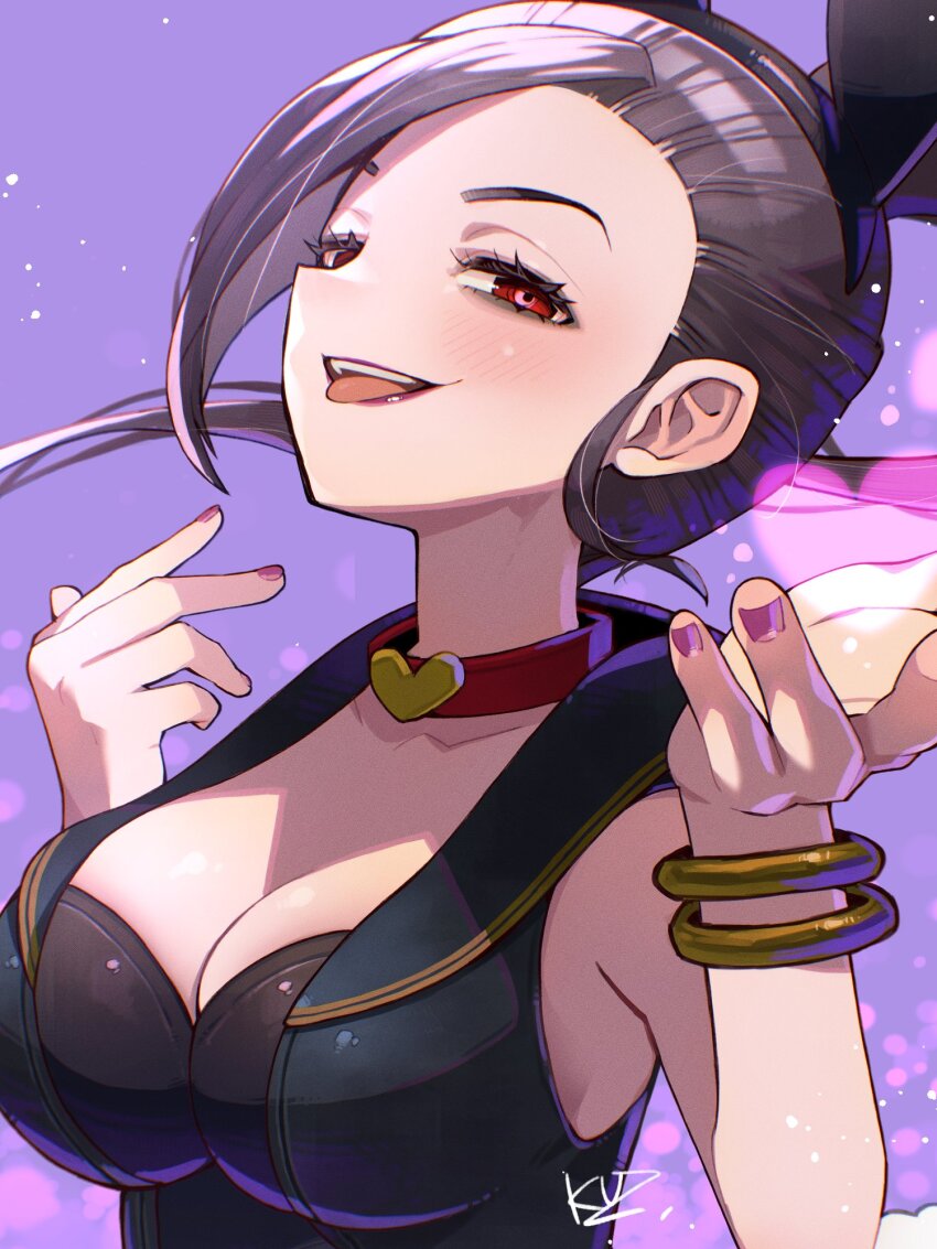 1girl animal_ear_hairband animal_ears black_hairband bracelet breasts choker cleavage commentary_request dark_persona dragon_quest dragon_quest_xi eyelashes fake_animal_ears hairband heart heart_choker highres jewelry kuzuno_ha large_breasts looking_at_viewer martina_(dq11) multiple_bracelets pink_nails purple_background purple_hair rabbit_ear_hairband rabbit_ears red_choker red_eyes smile solo tongue tongue_out upper_body