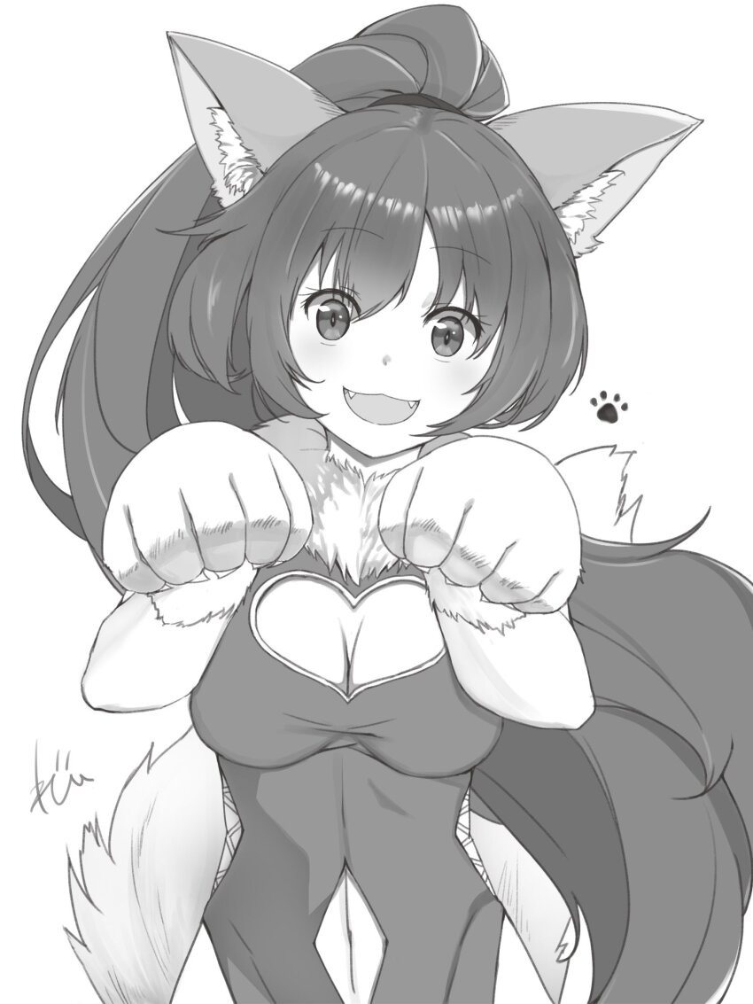 1girl :d animal_ears animal_hands breasts cat_ears cat_tail cleavage cleavage_cutout clothing_cutout greyscale heart_cutout highres izupix leotard long_hair looking_at_viewer monochrome navel_cutout open_mouth perisie_(star_ocean) ponytail simple_background smile solo star_ocean star_ocean_first_departure tail white_background