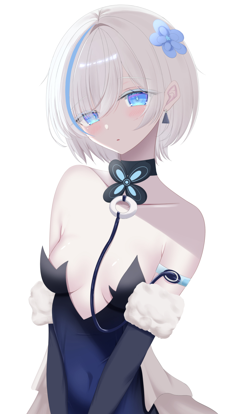 1girl absurdres azur_lane black_choker blue_eyes blue_flower blue_hair breasts choker collarbone colored_skin commentary dress earrings english_commentary eyes_visible_through_hair flower fur_trim hair_flower hair_ornament hanaki_q highres jewelry looking_at_viewer multicolored_hair short_hair simple_background small_breasts solo strapless strapless_dress streaked_hair tb_(azur_lane) two-tone_hair upper_body white_background white_hair white_skin