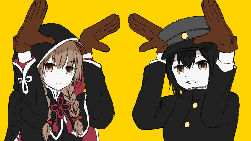 2girls akitsu_maru_(kancolle) black_hair braid brown_eyes brown_gloves brown_hair capelet gloves hat hood hood_up hooded_capelet kantai_collection long_hair long_sleeves matryoshka_(vocaloid) multiple_girls open_mouth parody shinshuu_maru_(kancolle) short_hair simple_background sorata_(sorairo_honpo) twin_braids upper_body vocaloid yellow_background