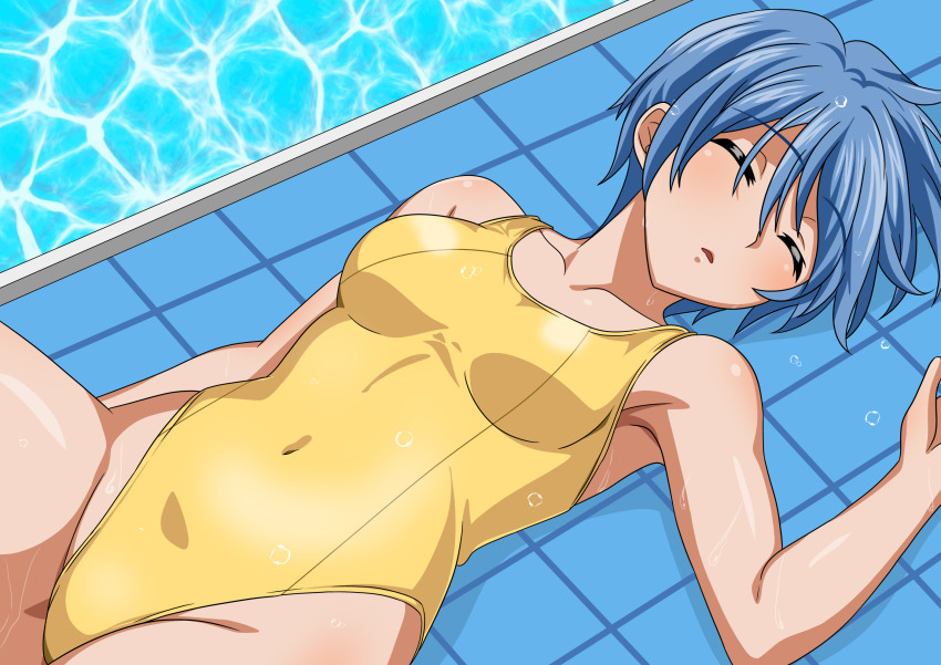 1girl blue_eyes breasts closed_eyes collarbone competition_swimsuit cowboy_shot highres medium_breasts nijino_saki one-piece_swimsuit poolside short_hair sleeping solo swimsuit tile_floor tiles tokimeki_memorial tokimeki_memorial_1 water yellow_one-piece_swimsuit yuuyuu_(3jjbn)