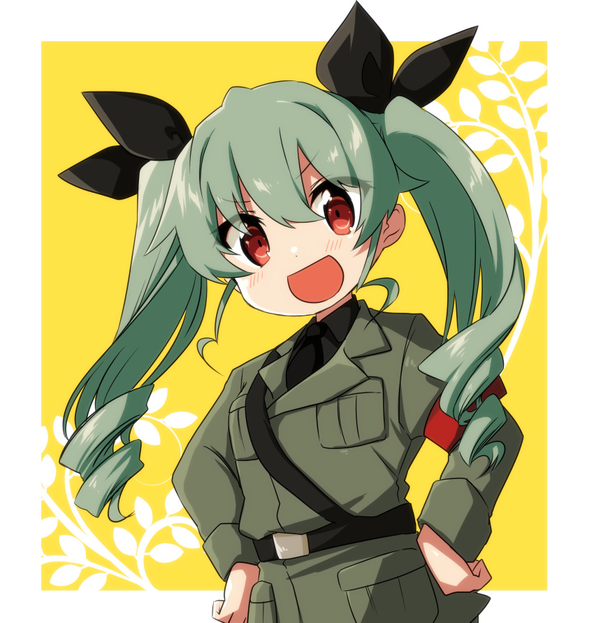 1girl :d aka_muffler_yamato anchovy_(girls_und_panzer) anzio_military_uniform belt black_belt black_neckwear black_ribbon black_shirt border brown_eyes commentary dress_shirt drill_hair girls_und_panzer green_hair grey_jacket hair_ribbon hands_on_own_hips highres jacket long_hair long_sleeves looking_at_viewer military military_uniform necktie open_mouth outside_border red_eyes ribbon sam_browne_belt shirt smile standing twin_drills twintails white_border wing_collar yellow_background