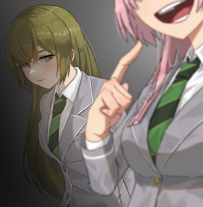 2girls :d absurdres bang_dream! bang_dream!_it&#039;s_mygo!!!!! blazer blurry blurry_foreground breasts buttons chihaya_anon closed_mouth collared_shirt depth_of_field diagonal-striped_clothes diagonal-striped_necktie dress_shirt eri_(bang_dream!) green_eyes green_hair green_necktie grey_background grey_jacket hand_up haneoka_school_uniform happen-few head_out_of_frame highres index_finger_raised jacket lapels long_hair long_sleeves looking_at_another making-of_available medium_breasts multiple_girls necktie notched_lapels open_mouth pink_hair pocket school_uniform shirt simple_background smile straight_hair striped_clothes teeth white_shirt wing_collar winter_uniform