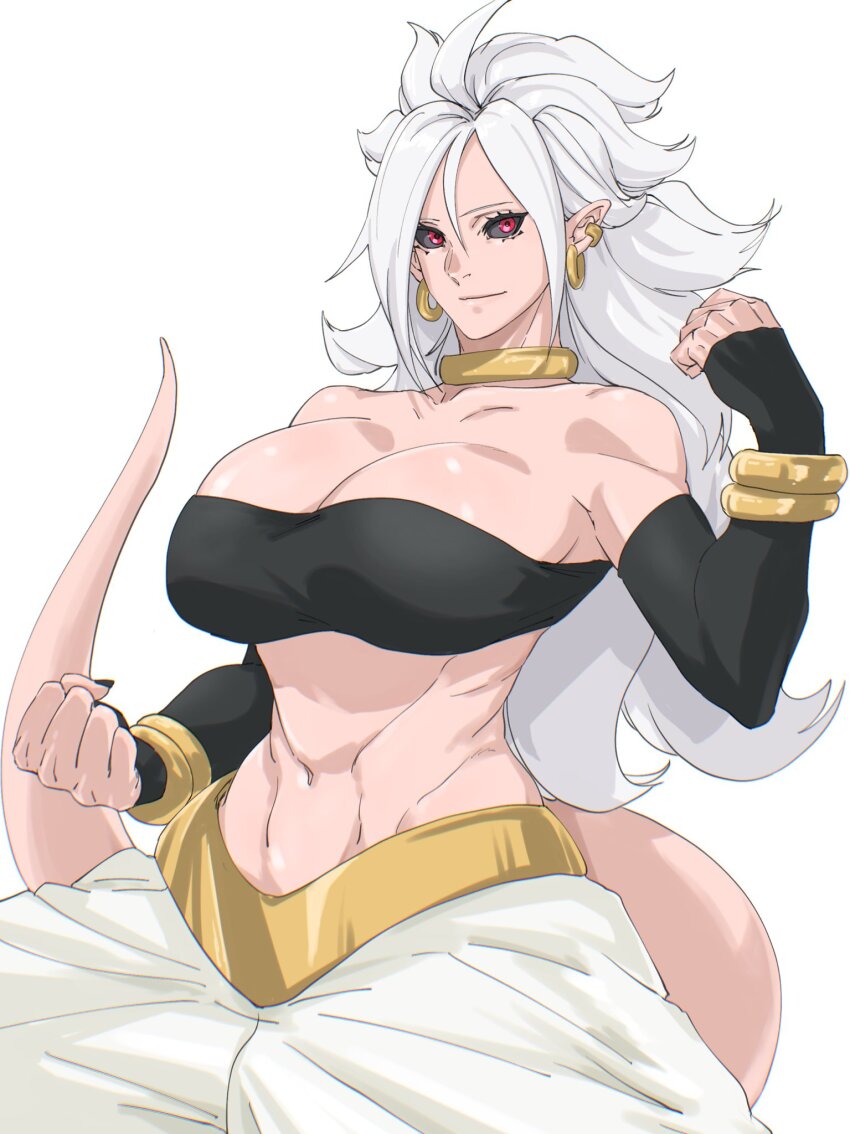 1girl android_21 bandeau bare_shoulders black_sclera bracelet breasts cleavage colored_sclera colored_skin detached_sleeves dragon_ball dragon_ball_fighterz earrings female_focus highres jewelry large_breasts long_hair looking_at_viewer majin_android_21 mattsun_(lyohei) nail_polish navel pink_skin pointy_ears red_eyes solo tail white_hair