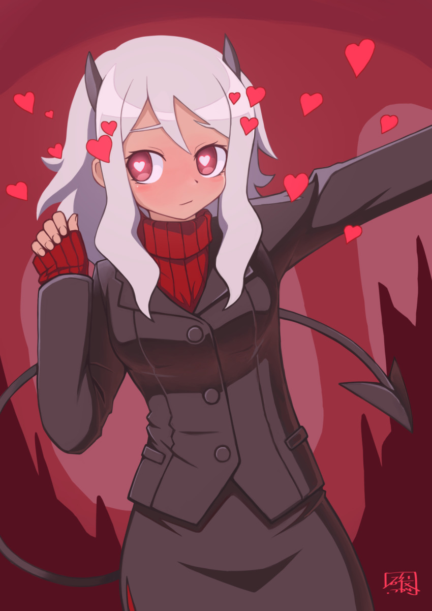1girl black_horns black_jacket black_skirt blush demon_girl demon_horns demon_tail eyelashes grey_hair heart heart-shaped_pupils helltaker hibun_tsukasa highres horns jacket looking_at_viewer modeus_(helltaker) outstretched_arm red_background red_eyes red_sweater ribbed_sweater signature skirt sleeves_past_wrists solo sweater symbol-shaped_pupils tail