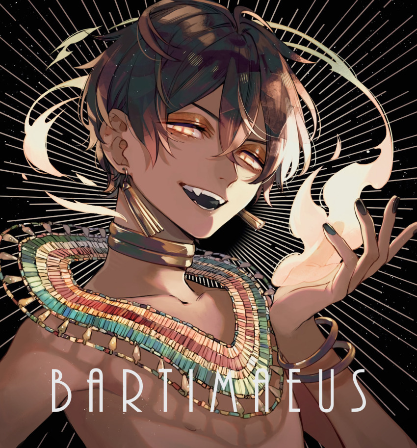 1boy bartimaeus bartimaeus_(character) black_hair dark-skinned_male dark_skin earrings fire highres jewelry male_focus necklace sharp_teeth short_hair smile solo teeth toshiki_(joli) upper_body yellow_eyes