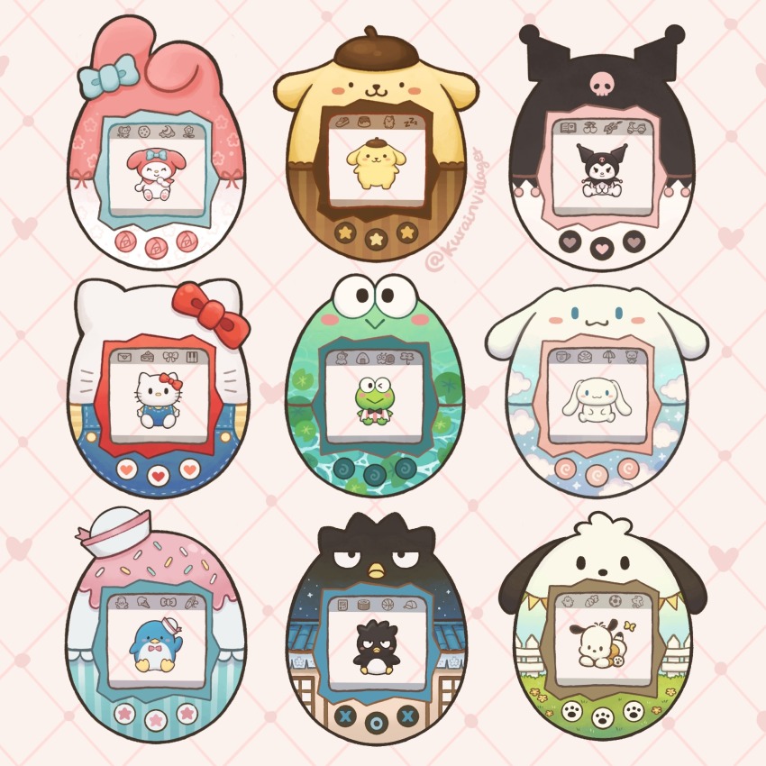 animal badtz-maru bird blue_bow bow cat chibi chibi_only cinnamoroll commentary dog frog fuwa_fuwa_cinnamoroll grid_background hasunoue_keroppi hat heart hello_kitty hello_kitty_(character) highres kero_kero_keroppi kurainvillager kuromi my_melody no_humans object_focus onegai_my_melody parody penguin pochacco pompompurin rabbit red_bow sailor_hat sanrio sitting still_life tamagotchi tamagotchi_(virtual_pet) tuxedo_sam white_dog