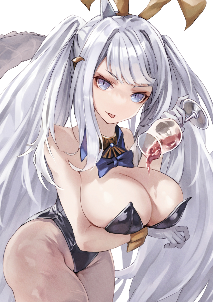 1girl alcohol alexi_oekaki black_leotard blue_eyes breast_hold breasts cleavage cowboy_shot cup detached_collar dragon_horns dragon_tail drinking_glass echocalypse gloves grey_hair highres horns large_breasts leaning_forward leotard long_hair looking_at_viewer playboy_bunny pouring pouring_onto_self purple_eyes sidelocks simple_background solo swept_bangs tail tongue tongue_out twintails very_long_hair white_background white_gloves wine wine_glass wrist_cuffs