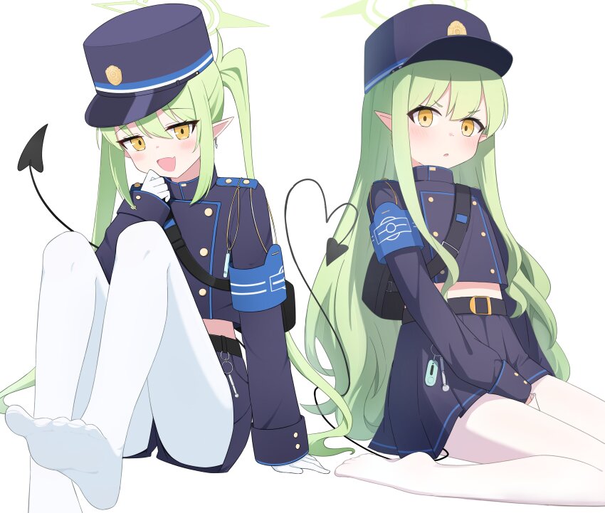 2girls absurdres arm_support armband belt between_legs black_belt blue_archive blue_armband blue_hat blue_jacket blue_shorts blue_skirt blush buttons commentary demon_tail dot_nose earrings fang flat_chest gloves green_hair green_halo hair_between_eyes halo hand_between_legs hand_up hat highres hikari_(blue_archive) icetea_(8862) jacket jewelry legs long_hair long_sleeves looking_at_viewer multiple_girls no_shoes nozomi_(blue_archive) open_mouth pantyhose pleated_skirt pointy_ears shorts siblings sidelocks sisters sitting skin_fang skirt smile tail thighs twintails v-shaped_eyebrows wariza whistle white_background white_gloves white_pantyhose yellow_eyes