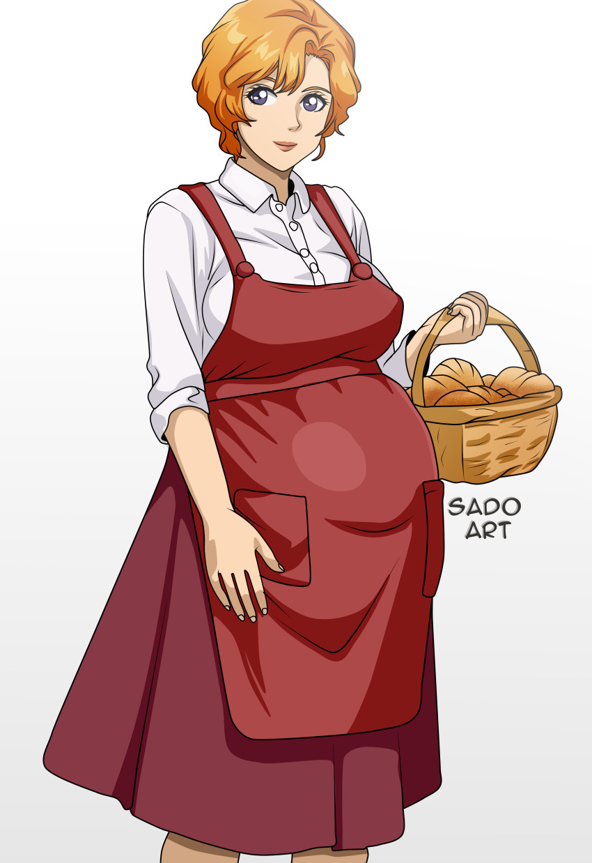 1girl absurdres apron artist_name basket berah_ronah bread breasts closed_mouth collared_shirt commentary commission crossbone_gundam english_commentary food gradient_background gundam highres holding holding_basket looking_to_the_side medium_breasts mixed-language_commentary orange_hair pink_lips pregnant purple_eyes red_apron red_skirt sado_art shirt skirt smile solo white_background white_shirt