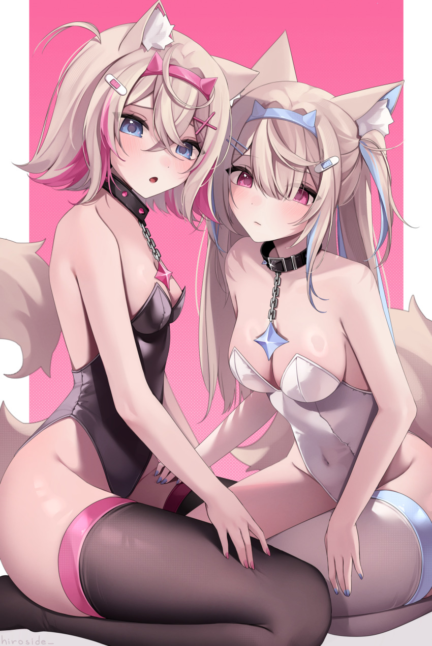 2girls alternate_costume animal_ears bandaid bandaid_hair_ornament bare_shoulders belt_collar black_collar black_leotard black_thighhighs blonde_hair blue_hair blue_nails breasts closed_mouth collar commentary dog_ears dog_girl dog_tail english_commentary fuwawa_abyssgard hair_ornament hairpin highres hiroside hololive hololive_english leotard long_hair looking_at_viewer medium_breasts medium_hair mococo_abyssgard multicolored_hair multiple_girls open_mouth pink_hair pink_nails siblings sisters small_breasts spiked_collar spikes strapless strapless_leotard streaked_hair tail thighhighs twins two_side_up virtual_youtuber white_leotard white_thighhighs x_hair_ornament