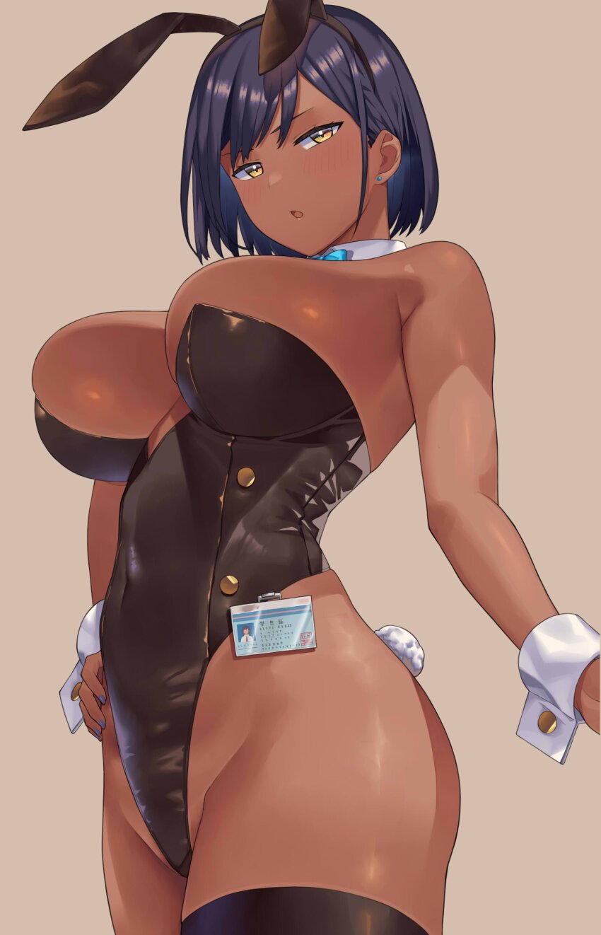 1girl absurdres animal_ears bare_shoulders black_hair black_leotard black_thighhighs breasts covered_navel dark-skinned_female dark_skin earrings fake_animal_ears hai_ookami hand_on_own_hip highleg highleg_leotard highres id_card jewelry leotard looking_at_viewer open_mouth original playboy_bunny rabbit_ears rabbit_tail short_hair solo tail thighhighs wrist_cuffs yellow_eyes