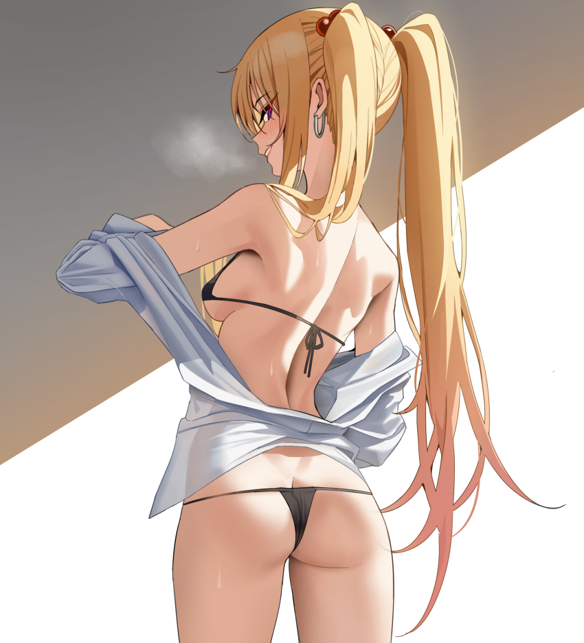 1girl absurdres ass back bikini black_bikini breasts breath butt_crack earrings from_behind grin highres hoop_earrings jewelry k_pring long_hair looking_at_viewer looking_back medium_breasts off_shoulder original red_eyes shirt smile solo sweat swimsuit twintails very_long_hair white_shirt