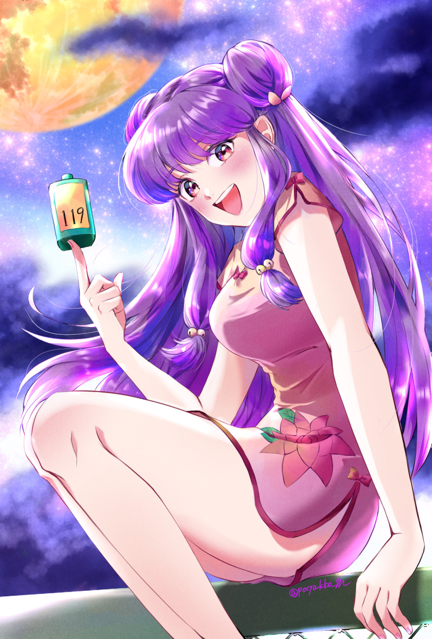 1girl bell bottle breasts china_dress chinese_clothes cloud cloudy_sky double_bun dress floral_print from_side hair_bell hair_bun hair_ornament highres holding holding_bottle huge_moon long_hair lotus_print moon open_mouth pink_dress pocyakko_m print_dress purple_hair ranma_1/2 shampoo_(ranma_1/2) shampoo_bottle sidelocks sitting sky solo star_(sky) starry_sky teeth thighhighs upper_teeth_only