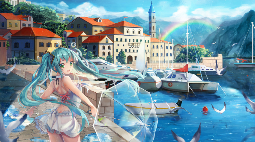 1girl ahoge aqua_hair back backless_dress backless_outfit bird boat building butt_crack day detached_collar dress female_focus green_eyes hatsune_miku highres holding holding_umbrella l.bou long_hair montenegro outdoors puddle rain rainbow revision seagull solo transparent transparent_umbrella twintails umbrella very_long_hair vocaloid watercraft yacht