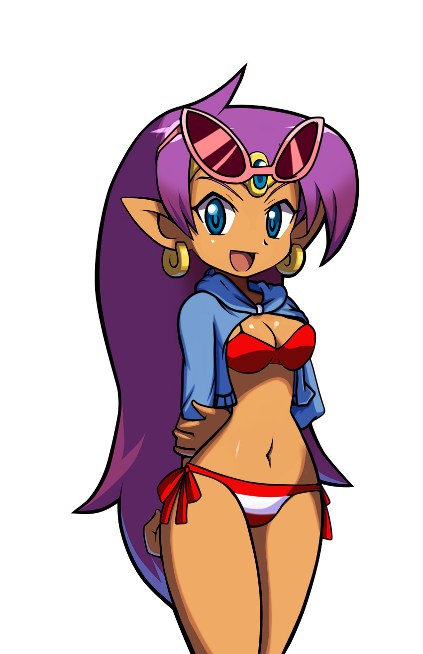 1girl abby_nii absurdres arms_behind_back bikini blue_eyes breasts dark-skinned_female dark_skin earrings eyewear_on_head female_focus hair_down highres hood hoodie jewelry long_hair long_sleeves looking_at_viewer open_clothes open_mouth purple_hair red_bikini shantae shantae_(series) smile solo sunglasses swimsuit thighs third-party_edit tiara very_long_hair