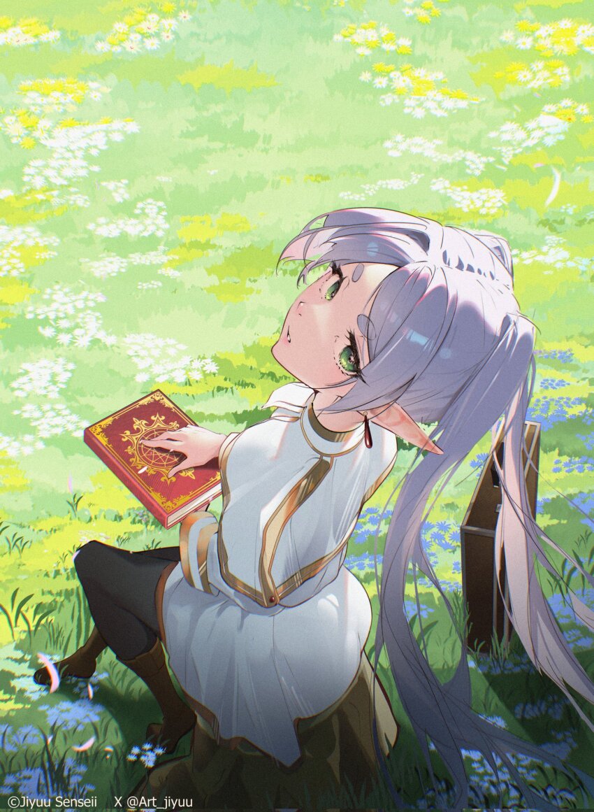 1girl ass black_leggings book boots briefcase brown_boots capelet dress earrings elf falling_petals frieren from_above grass green_eyes grimoire hair_intakes highres holding holding_book jewelry jhaysie leggings long_hair looking_back petals pointy_ears sitting sitting_on_tree_stump solo sousou_no_frieren thick_eyebrows tree_stump twintails white_capelet white_dress white_hair