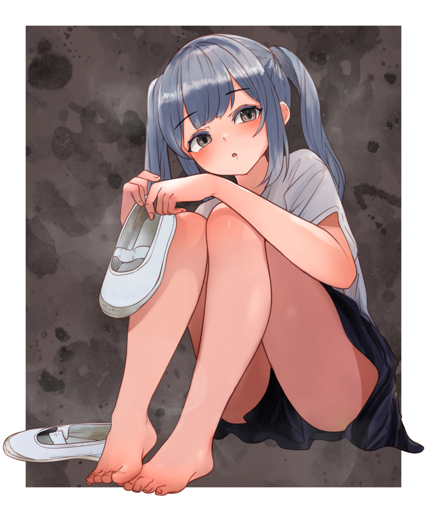 1girl barefoot blush feet grey_eyes grey_hair highres long_hair looking_at_viewer lumina_(artist) parted_lips shoes toes twintails unworn_shoes uwabaki