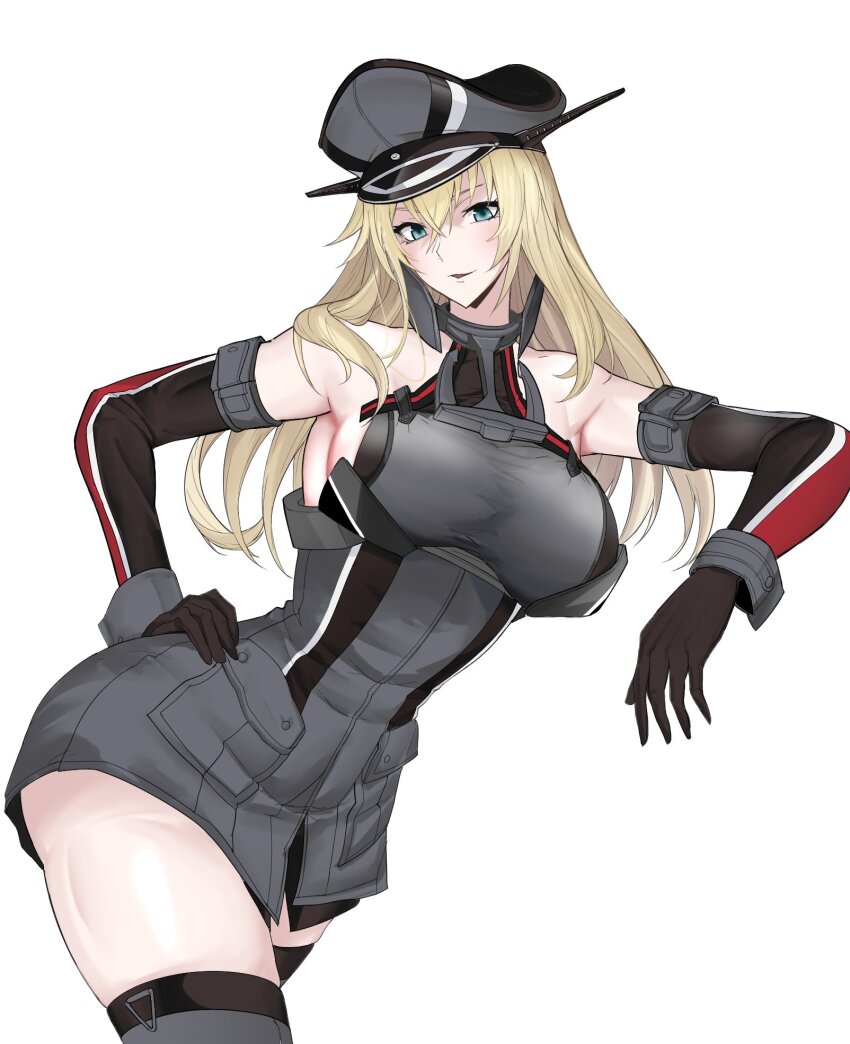 1girl bismarck_(kancolle) blonde_hair blue_eyes breasts commentary_request cowboy_shot detached_sleeves hand_on_own_hip hat highres kantai_collection looking_at_viewer military_hat open_mouth peaked_cap simple_background smile solo swavigg thighhighs white_background