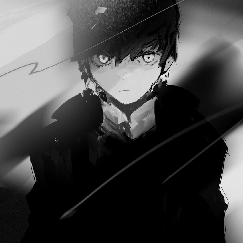 1boy black_coat black_hair check_copyright closed_mouth coat copyright_request depressed expressionless goth_fashion grey_background grey_eyes greyscale highres looking_at_viewer monochrome original oversized_clothes shake_(shyakep) simple_background solo