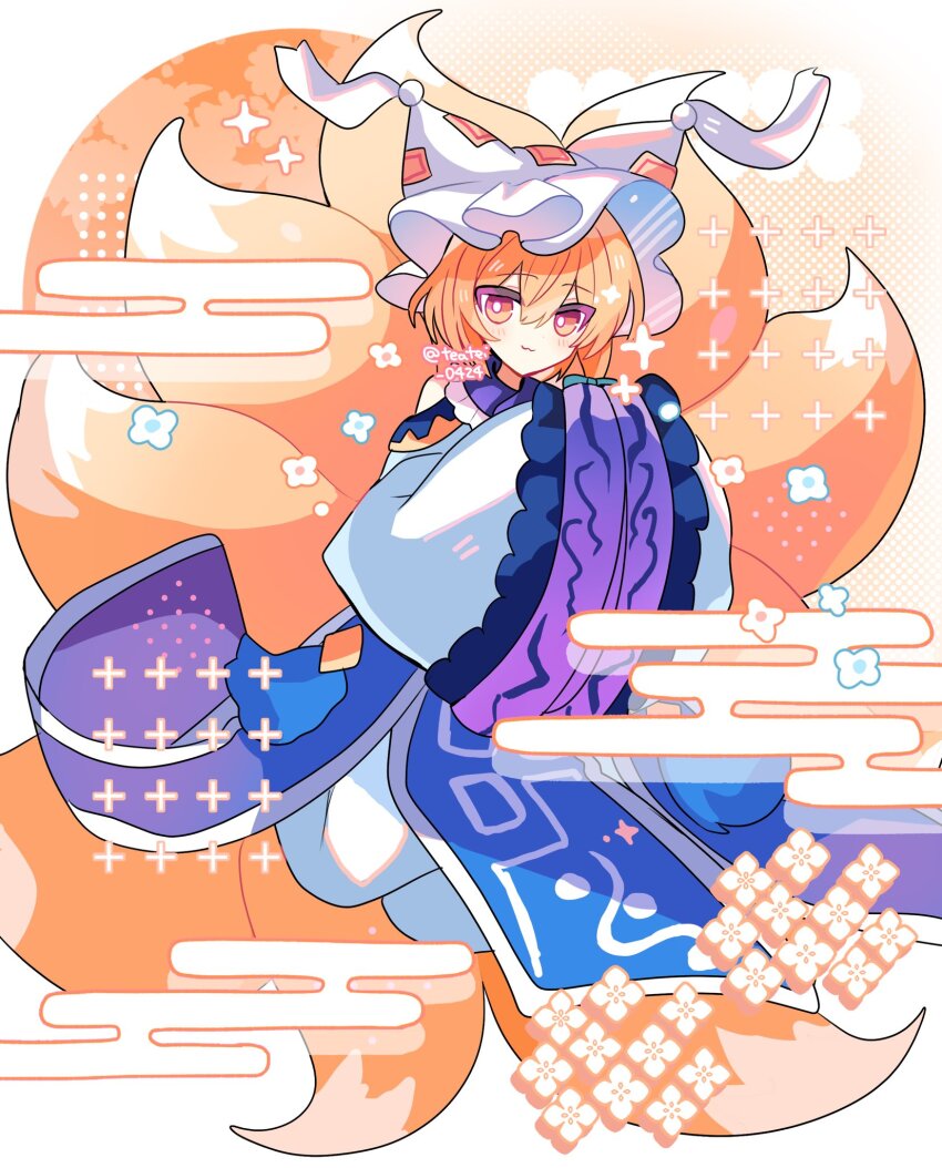 1girl :3 animal_ear_headwear animal_ears animal_hat blonde_hair blue_tabard dress fake_animal_ears flower fox_ears fox_tail full_body hair_between_eyes hat highres light_blush long_sleeves looking_at_viewer mob_cap multiple_tails own_hands_together shirocha_tei short_hair smile solo sparkle tabard tail touhou touhou_gensou_eclipse twitter_username white_dress white_hat wide_sleeves yakumo_ran yellow_eyes