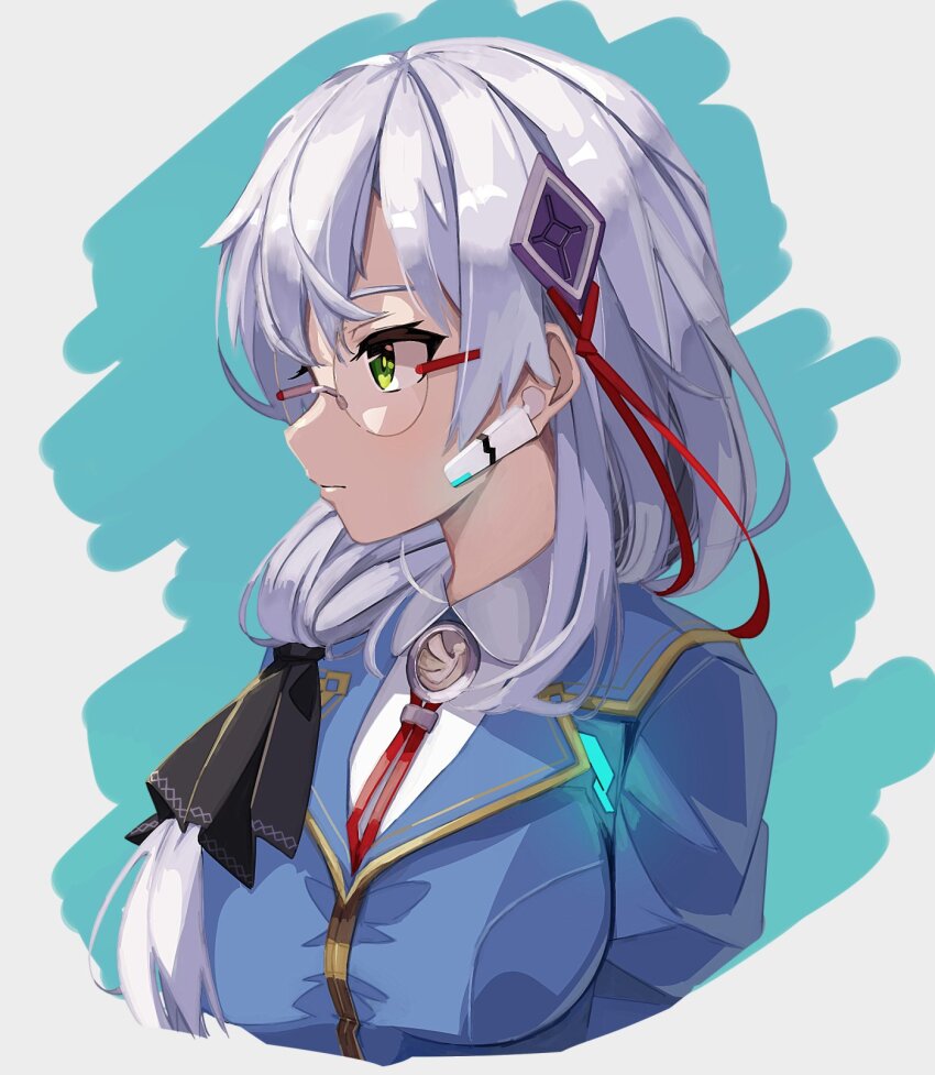 1girl bad_id bad_link bad_twitter_id blue_jacket bolo_tie earphones glasses green_eyes grey_hair hair_ornament hair_over_shoulder heaven_burns_red highres izumi_yuki_(heaven_burns_red) jacket long_hair low-tied_long_hair niboshi_917 round_eyewear shirt short_hair solo white_shirt