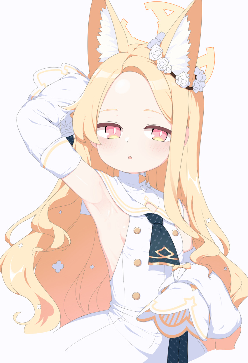 animal_ear_fluff animal_ears armpits blonde_hair blue_archive bright_pupils cross_halo detached_sleeves didac_fantasy dress extra_ears flat_chest flower flower_wreath forehead fox_ears gradient_eyes halo highres long_hair long_sleeves looking_at_viewer multicolored_eyes presenting_armpit seia_(blue_archive) sleeve_bow sleeves_past_fingers sleeves_past_wrists white_dress white_pupils yellow_eyes yellow_halo