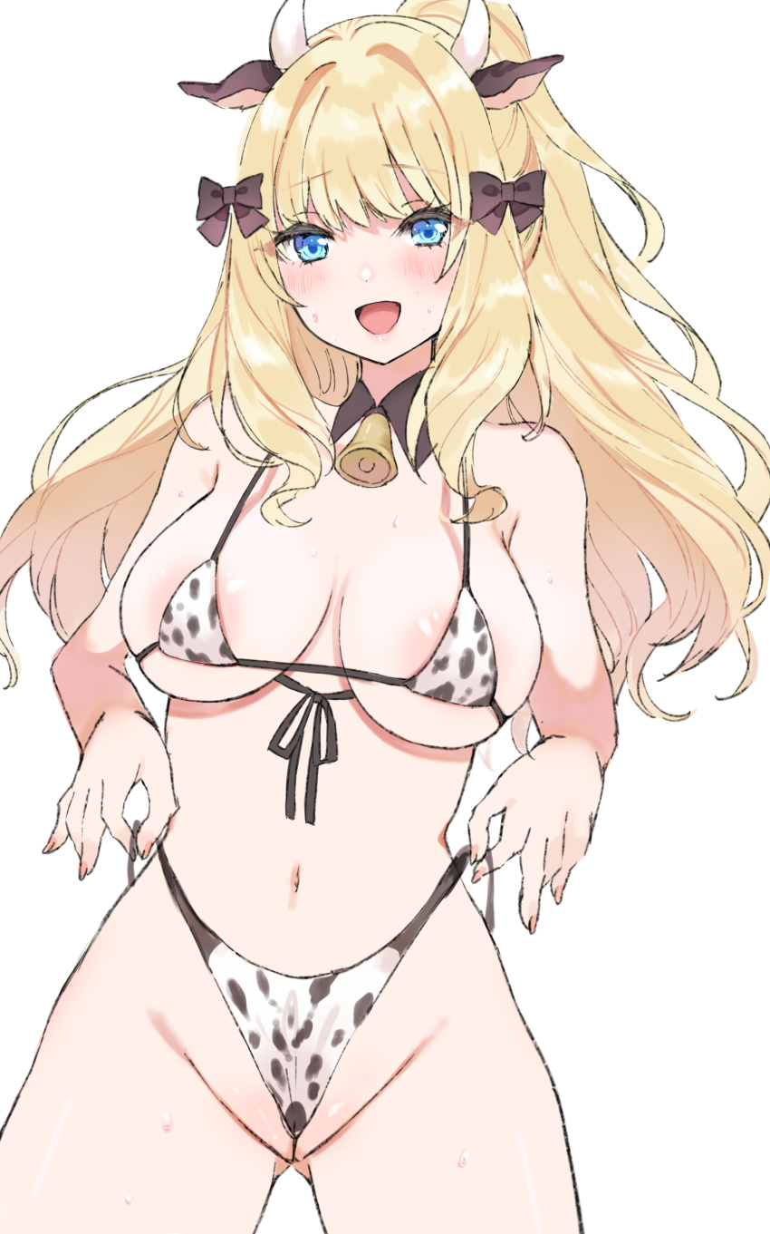 1girl absurdres animal_print bikini black_bow blonde_hair blue_eyes blush bow breasts cow_print cow_print_bikini elf hair_bow hair_ornament highres large_breasts long_hair looking_at_viewer navel open_mouth pointy_ears princess_connect! print_bikini saren_(princess_connect!) smile solo swimsuit yupi_(yuyupiko01)