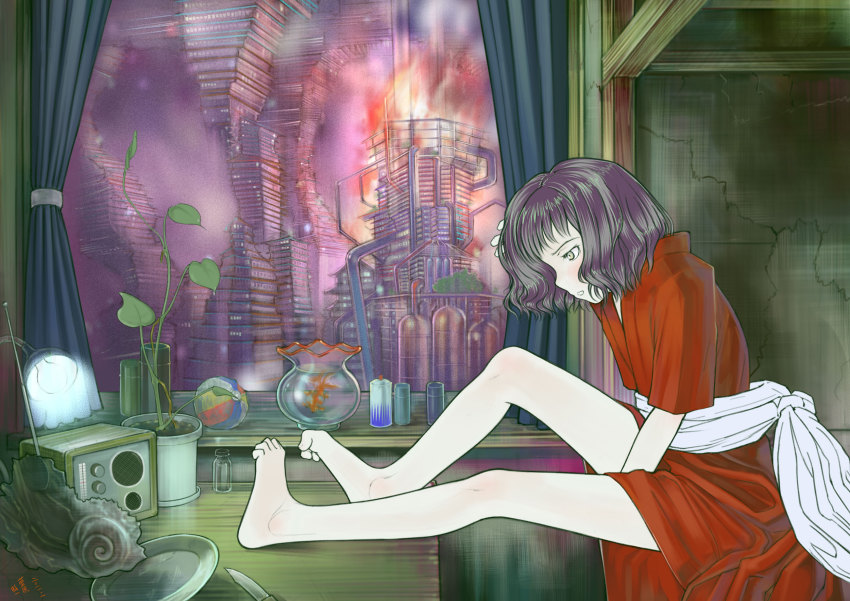 1girl aihara_kaichi bad_id bad_pixiv_id ball barefoot black_eyes black_hair cityscape feet female_focus fire fish from_side highres indoors japanese_clothes knife original plant shell short_hair sitting solo toe_scrunch toes