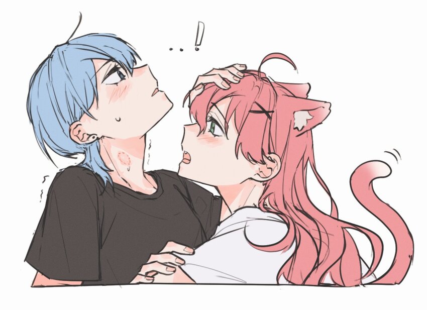 ...! 2girls ahoge animal_ears bite_mark bite_mark_on_neck black_shirt blue_hair blush cat_ears cat_girl cat_tail commentary earrings fang green_eyes hand_on_another&#039;s_arm hand_on_another&#039;s_head hololive hoshimachi_suisei jewelry kemonomimi_mode medium_hair multiple_girls parted_lips pink_hair sakgi sakura_miko shirt short_sleeves simple_background stud_earrings sweatdrop symbol-only_commentary tail trembling virtual_youtuber white_background white_shirt wolf_cut