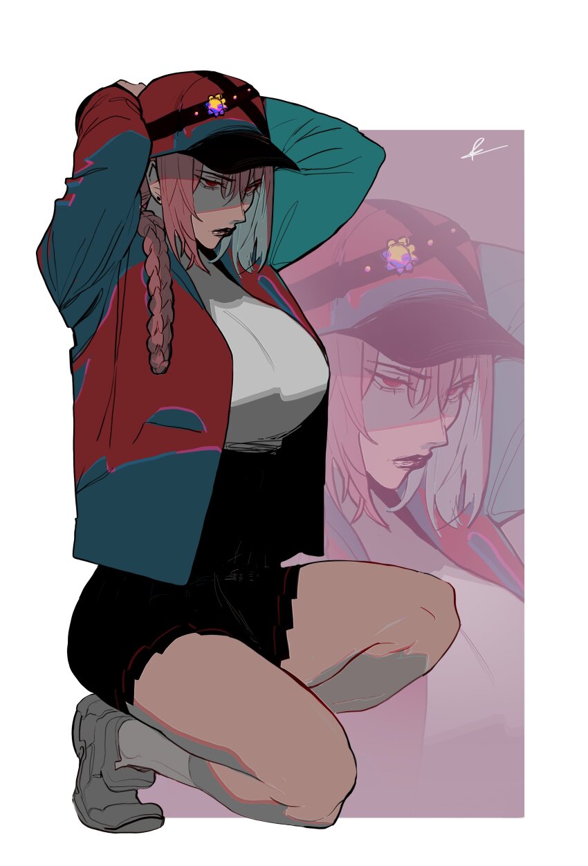 1girl absurdres alternate_costume arms_up baseball_cap black_lips black_skirt braid breasts earrings fate/grand_order fate_(series) florence_nightingale_(fate) folded_ponytail grey_footwear hat highres jacket jewelry large_breasts long_hair makeup multicolored_clothes multicolored_hat multicolored_jacket open_clothes open_jacket pink_hair pleated_skirt red_eyes savadava shoes sidelocks single_earring skirt sneakers socks solo solo_focus squatting stud_earrings thighs white_background white_socks