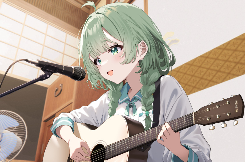 1girl :d ahoge blush braid commentary_request electric_fan green_eyes green_hair guitar highres holding holding_instrument indoors instrument long_hair long_sleeves microphone natori_hinata open_mouth playing_guitar project_nebula shirt siokazunoko smile solo twin_braids upper_body virtual_youtuber white_shirt