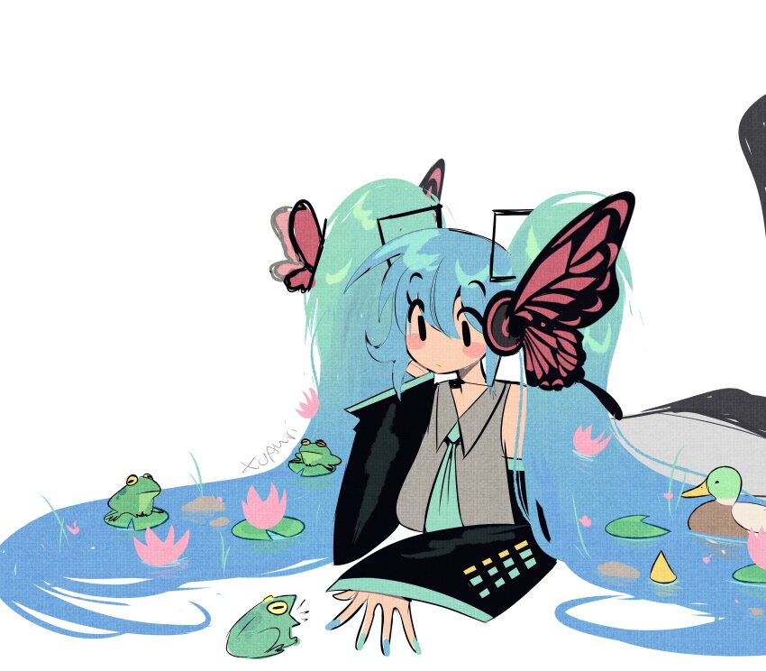 1girl absurdres aqua_eyes aqua_hair bare_shoulders blue_hair butterfly_hair_ornament commentary detached_sleeves frog hair_between_eyes hair_ornament hatsune_miku highres lily_pad liquid_hair long_hair looking_at_viewer necktie revauri simple_background skirt sleeveless solo thighhighs twintails very_long_hair vocaloid white_background