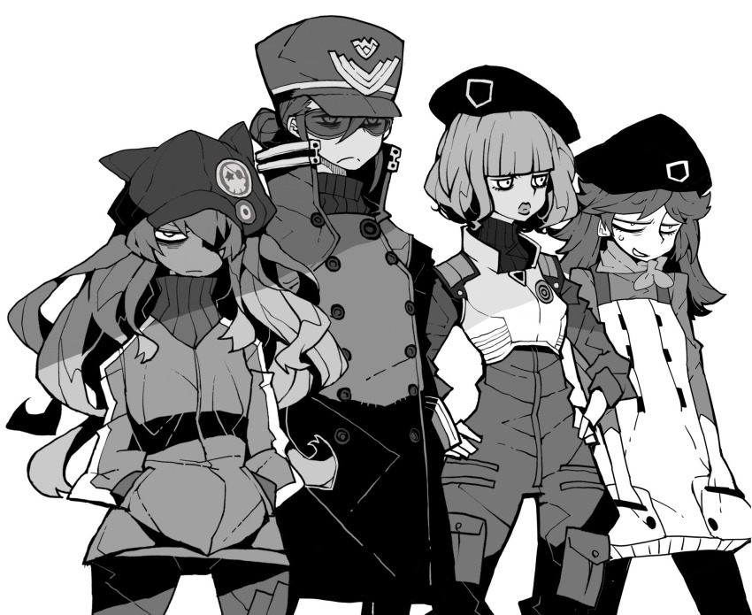 4girls dowman_sayman evangelion:_3.0_you_can_(not)_redo eyepatch frown hands_in_pockets hands_on_own_hips hat highres jacket katsuragi_misato kitakami_midori long_hair military_uniform monochrome multiple_girls neon_genesis_evangelion rebuild_of_evangelion short_hair souryuu_asuka_langley suzuhara_sakura track_jacket