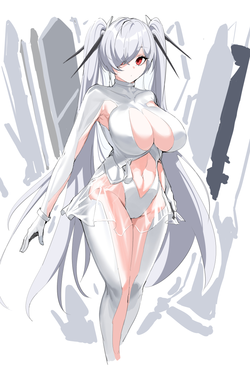 1girl absurdres bodysuit breasts cinderella_(nikke) cleavage gloves goddess_of_victory:_nikke grey_hair hair_over_one_eye highres large_breasts long_hair looking_at_viewer navel plentyofempty red_eyes simple_background solo twintails very_long_hair white_background white_gloves