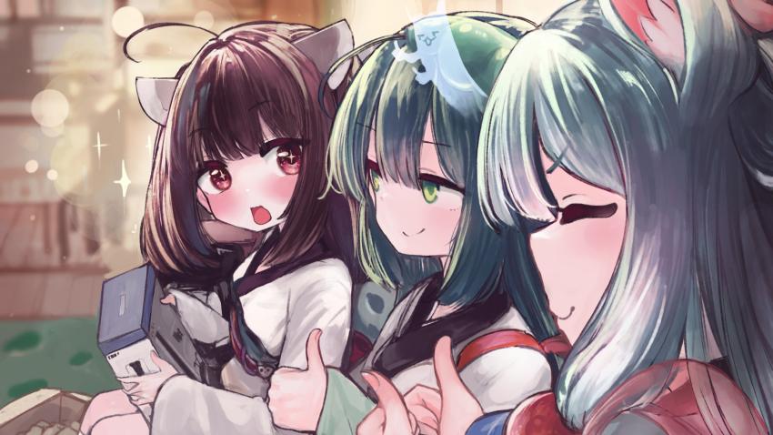 3girls ahoge animal_ears blue_hair blunt_bangs blush box brown_hair closed_eyes commentary double_thumbs_up fox_ears game_console gift green_eyes green_hair hair_ornament highres holding holding_box japanese_clothes kimono looking_at_another medium_hair microa multiple_girls open_mouth red_eyes siblings sisters sitting smile sparkle spirit thumbs_up touhoku_itako touhoku_kiritan touhoku_zunko upper_body voiceroid white_kimono wii