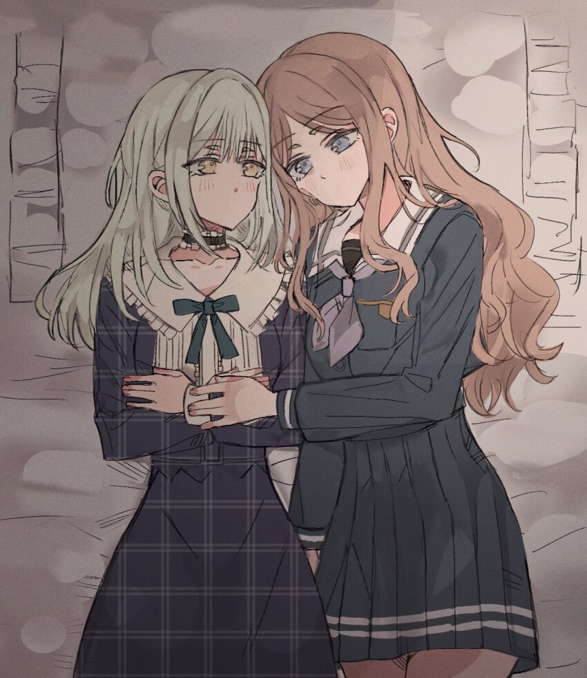 2girls bang_dream! bang_dream!_it&#039;s_mygo!!!!! blue_dress blue_eyes blue_shirt blue_skirt blush brown_hair choker commentary_request dress frilled_choker frills from_above green_hair grey_neckerchief highres junjun_(kimi-la) long_hair long_sleeves lying multiple_girls nagasaki_soyo neckerchief no_mouth on_back on_bed pillow plaid_clothes plaid_dress pleated_skirt sailor_collar school_uniform shirt skirt tsukinomori_school_uniform wakaba_mutsumi white_sailor_collar yellow_eyes yuri