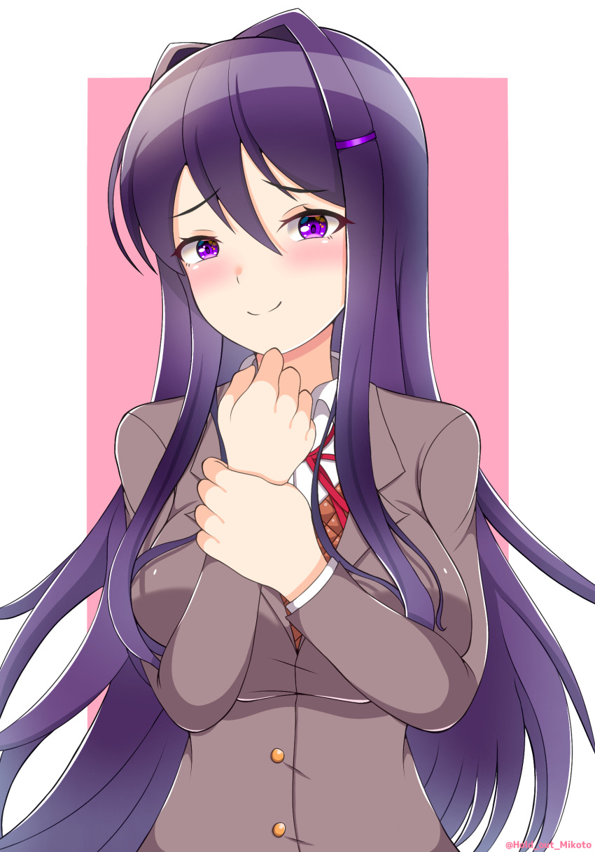 1girl blush brown_sweater_vest brown_vest commentary_request doki_doki_literature_club grey_jacket hair_intakes hair_ornament hairclip highres holding_own_wrist jacket long_hair mikoto000813 neck_ribbon purple_eyes purple_hair ribbon school_uniform shirt smile sweater_vest twitter_username vest white_shirt yuri_(doki_doki_literature_club)