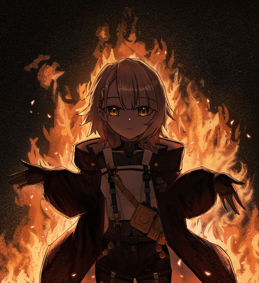 1girl aazz226652 absurdres black_coat character_name closed_mouth coat cowboy_shot expressionless fingerless_gloves fire girls&#039;_frontline girls&#039;_frontline_2:_exilium gloves hands_up highres long_sleeves looking_at_viewer orange_eyes short_hair shorts solo turtleneck vector_(girls&#039;_frontline)