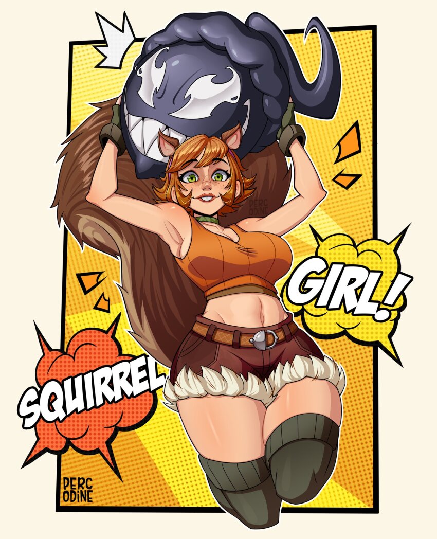 1boy 1girl acorn alternate_form animal_ears armpits arms_up breasts brown_hair brown_tail buck_teeth character_name crop_top cropped_legs fingerless_gloves freckles fur_trim gloves highres large_breasts large_tail marvel marvel_rivals navel percodine sharp_teeth short_hair short_shorts shorts smile spider-man_(series) squirrel_ears squirrel_girl_(marvel) squirrel_tail stomach tail teeth thick_thighs thighhighs thighs venom_(marvel) wide_hips