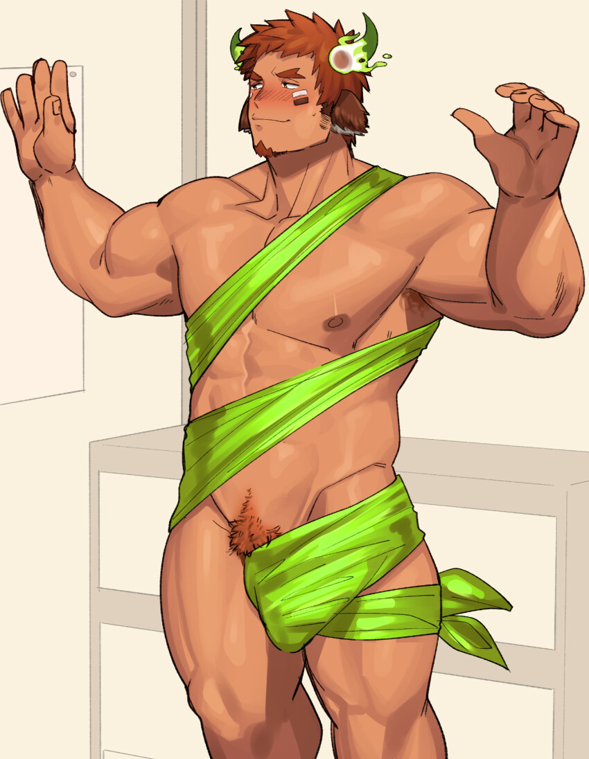 1boy abs animal_ears arima_(arima_bn) armpit_hair bara blush brown_hair covered_penis cow_boy cow_ears cow_horns eye_black facial_hair facing_away feet_out_of_frame fiery_horns forked_eyebrows glowing_horns goatee hands_up highres horns large_pectorals male_focus meme muscular muscular_legs muscular_male naked_ribbon nipples nude_guy_wrapped_in_ribbons_standing_(meme) pectorals ribbon short_hair shy smile solo spiked_hair standing strongman_waist thick_eyebrows thighs tokyo_houkago_summoners wakan_tanka