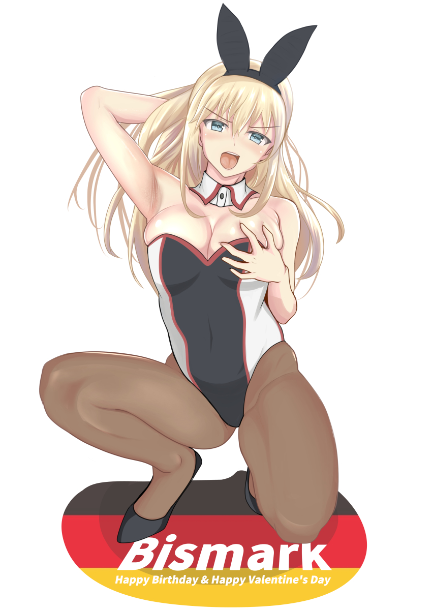 1girl absurdres animal_ears bismarck_(kancolle) black_footwear black_pantyhose blonde_hair blue_eyes breasts character_name cleavage detached_collar fake_animal_ears full_body german_flag grabbing_own_breast green_eyes happy_birthday happy_valentine high_heels highres houki_(tonburi) kantai_collection leotard looking_at_viewer medium_breasts multicolored_leotard open_mouth pantyhose playboy_bunny rabbit_ears rabbit_tail simple_background solo squatting strapless strapless_leotard tail teeth two-tone_leotard upper_teeth_only white_background wrist_cuffs