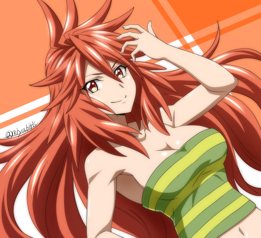 1girl amou_kanade armpits artist_name blush breasts cleavage closed_mouth collarbone highres large_breasts long_hair looking_at_viewer miyabi_mt-b navel orange_eyes red_hair senki_zesshou_symphogear smile solo strapless tube_top upper_body