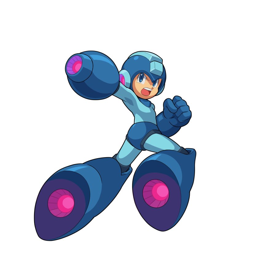 1boy absurdres android arm_cannon blue_bodysuit blue_eyes blue_helmet bodysuit clenched_hand from_behind helmet hi-go! highres looking_at_viewer looking_back male_focus mega_man_(character) mega_man_(classic) mega_man_(series) simple_background solo weapon white_background