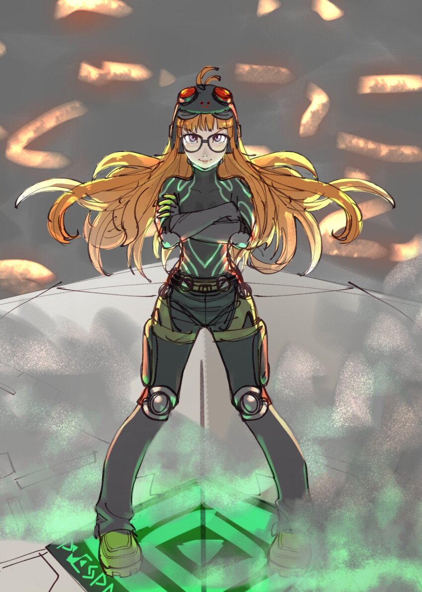 1girl ahoge antenna_hair black_pants black_shirt blunt_bangs boots collarbone crossed_arms elbow_pads floating_hair glasses gloves glowing goggles goggles_on_head green_footwear gunbuster_pose highres knee_armor looking_at_viewer multicolored_clothes multicolored_gloves necronomicon_(persona_5) orange_hair pants persona persona_5 poechan_chan purple_eyes red-tinted_eyewear sakura_futaba shirt skin_tight smile spacecraft tinted_eyewear