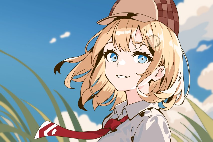 1girl blue_eyes blue_sky brown_hat cloud commentary deerstalker english_commentary floating_hair hat highres hololive hololive_english looking_at_viewer necktie parted_lips red_necktie shirt short_hair sky smile solo upper_body virtual_youtuber watson_amelia white_mouth white_shirt wing_collar xmys