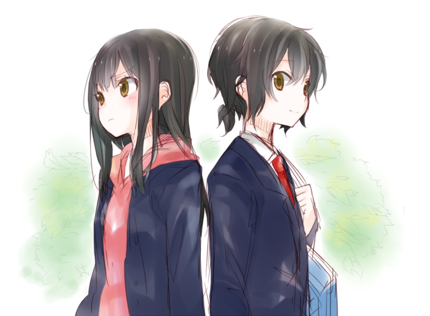 10s 1boy 1girl back-to-back bag black_hair blush brother_and_sister hood hoodie kurebayashi_kazuki kurebayashi_yuzuki long_hair long_sleeves miyama_rikka necktie school_uniform selector_wixoss siblings sketch smile twins white_background wixoss yellow_eyes