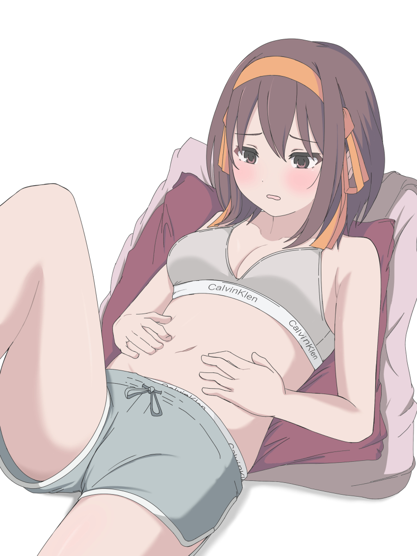 1girl absurdres bare_shoulders blush bob_cut bra breasts brown_eyes brown_hair calvin_klein cleavage clothes_writing collarbone commentary_request dolphin_shorts drawstring feet_out_of_frame grey_bra grey_shorts hairband hands_on_stomach highres knee_up looking_at_self looking_down lounging lying medium_breasts midriff navel no_shirt on_back panties panty_peek parted_lips pillow rai_iceblast raised_eyebrows short_hair short_shorts shorts simple_background solo suzumiya_haruhi suzumiya_haruhi_no_yuuutsu underwear underwear_writing weight_conscious white_background worried yellow_hairband