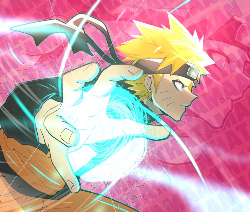 1boy artist_name blonde_hair blue_eyes closed_mouth facial_mark forehead_protector highres jacket long_sleeves male_focus multicolored_clothes multicolored_jacket naruto_(series) naruto_shippuuden orange_jacket orange_pants pants profile rasengan solo spiked_hair text_background thatamaan uzumaki_naruto v-shaped_eyebrows whisker_markings zoom_layer