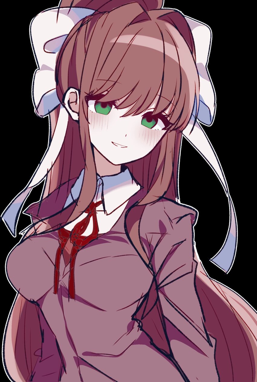 1girl bow brown_hair doki_doki_literature_club green_eyes hair_bow hair_ribbon highres kotohatoko510 long_hair long_sleeves looking_at_viewer monika_(doki_doki_literature_club) ponytail ribbon school_uniform shirt sidelocks smile solo very_long_hair white_bow white_ribbon